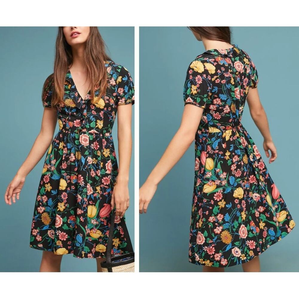 Romantic Artsy Anthropologie Maeve Bloedel Preppy Fitted Travel Floral Dress